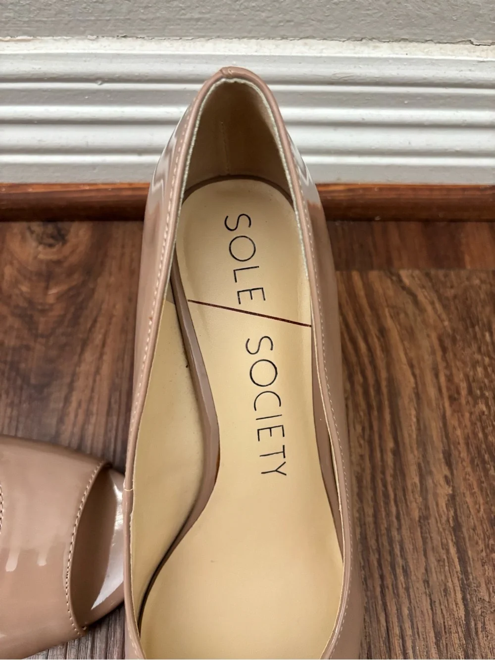 Sole Society Nude Patent Peep-Toe Wedge Pumps